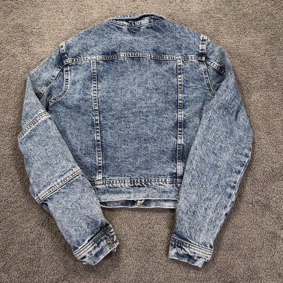 We The Free Denim‎ Jacket Womens XS Blue Acid Wash Cropped Distressed Jean Coat - Picture 9 of 11